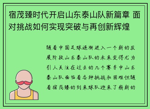 宿茂臻时代开启山东泰山队新篇章 面对挑战如何实现突破与再创新辉煌